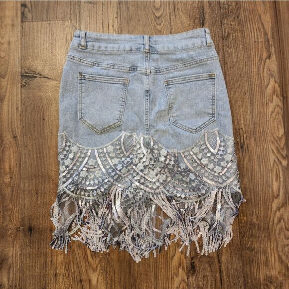 Denim Skirt With Sequin Fringe Size  XS/S - Picture 7 of 7